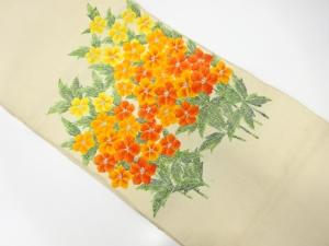 手織り真綿紬　草花模様織り出し　名古屋帯